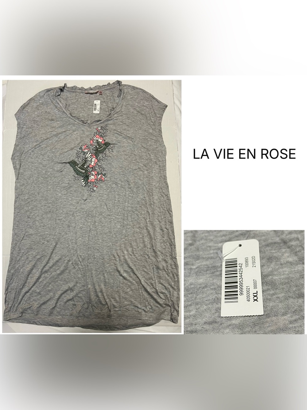 LA VIE EN ROSE - XXL - NWT - WOMENS GREY FLORAL / HUMMINGBIRD SLEEP SHIRT